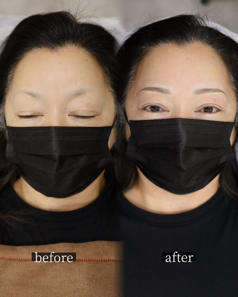 50代女性の眉アートメイク症例。眉尻が少なく角度が上がりやすい眉を、緩やかで優しい印象の自然なデザインに仕上げた症例。